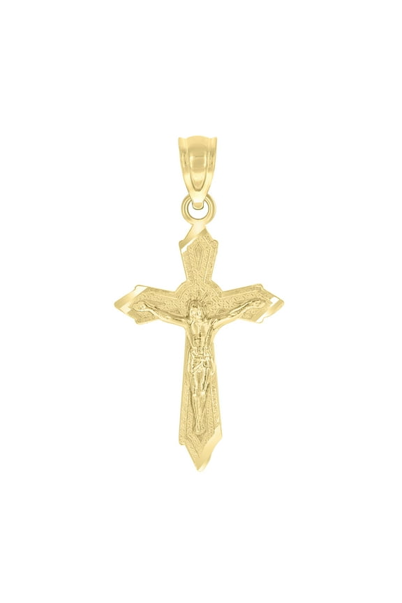 Real 10K Yellow Gold Unisex 1" Charm Textured Pointed Cross Crucifix Pendant