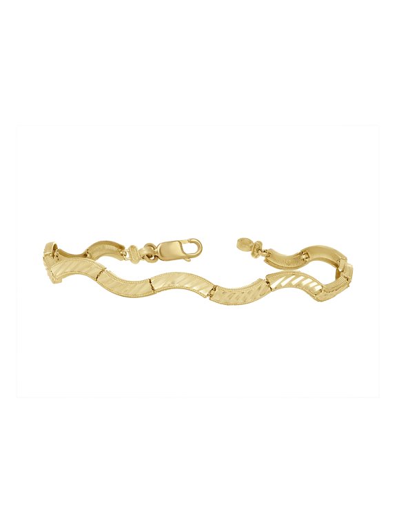 Real 10K Yellow Gold Women's Diamond Cut 6mm Textured Wavy Wave Link 7" Bracelet