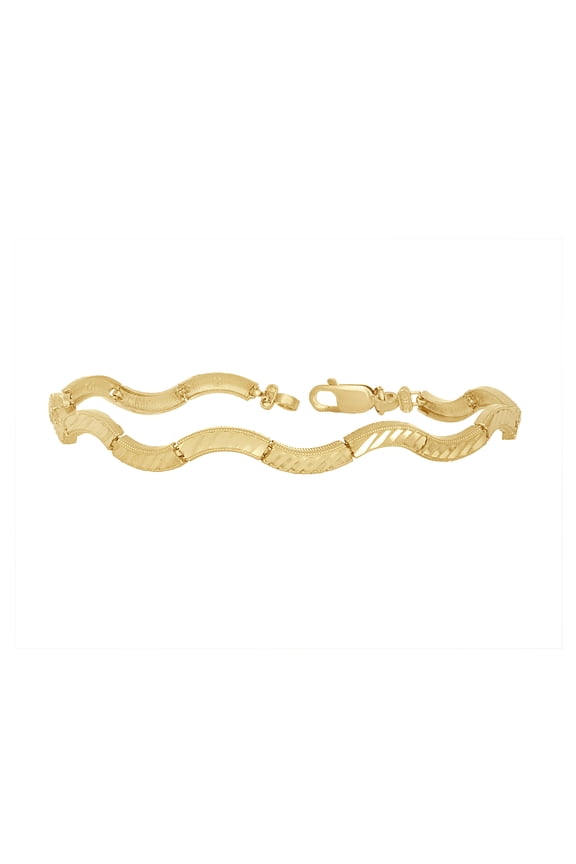 Real 10K Yellow Gold Women's Diamond Cut 6mm Textured Wavy Wave Link 8" Bracelet