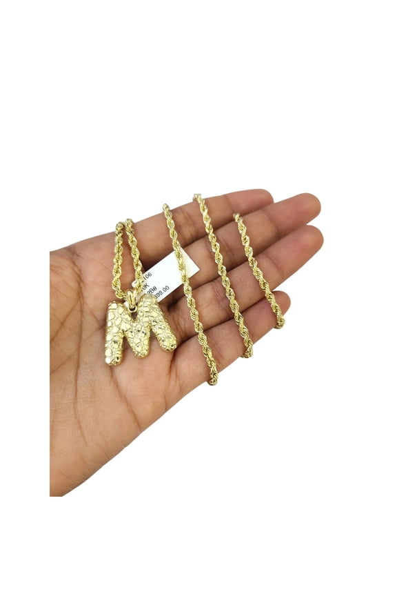 Real 10k Rope Chain M Initial Charm Necklace 3mm 18"-28" Nugget Set Pendant Gold (Item Length:28in Chain & Charm;)
