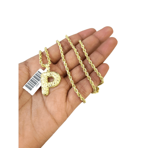 Real 10k Rope Chain P Initial Charm 3mm 18"-28" Necklace Nugget Set Pendant Gold (Item Length:24in Chain & Charm;)