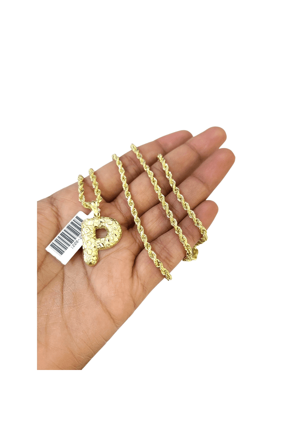 Real 10k Rope Chain P Initial Charm 3mm 18"-28" Necklace Nugget Set Pendant Gold (Item Length:24in Chain & Charm;)