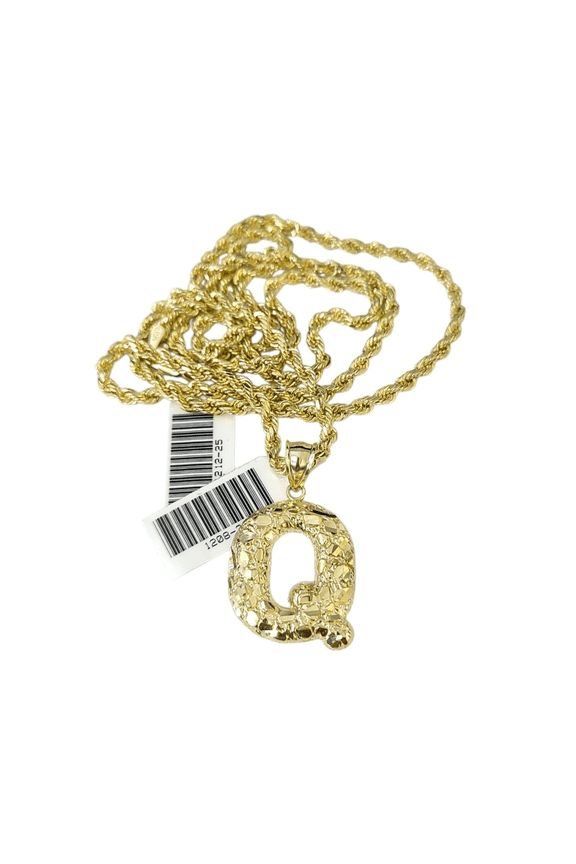Real 10k Rope Chain Q Initial Charm 3mm 18"-28" Necklace Nugget Set Pendant Gold (Item Length:24in Chain & Charm;)