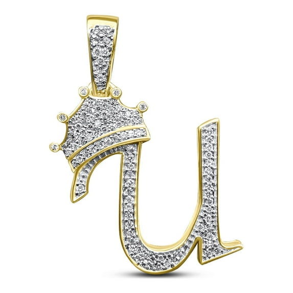 Real 10k Solid Yellow Gold Genuine Tested Diamond Crown 3D Initial Pendant Letter Alphabet Charm Necklace