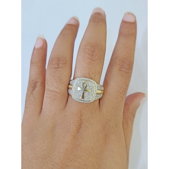 Real 10k Yellow Gold Diamond Mens Ring Ankh Cross Band Wedding Genuine Natural