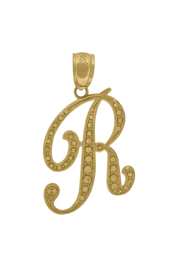 Real 10k Yellow Gold Unisex Initial "R" Alphabet Textured Pendant 0.9g Charm