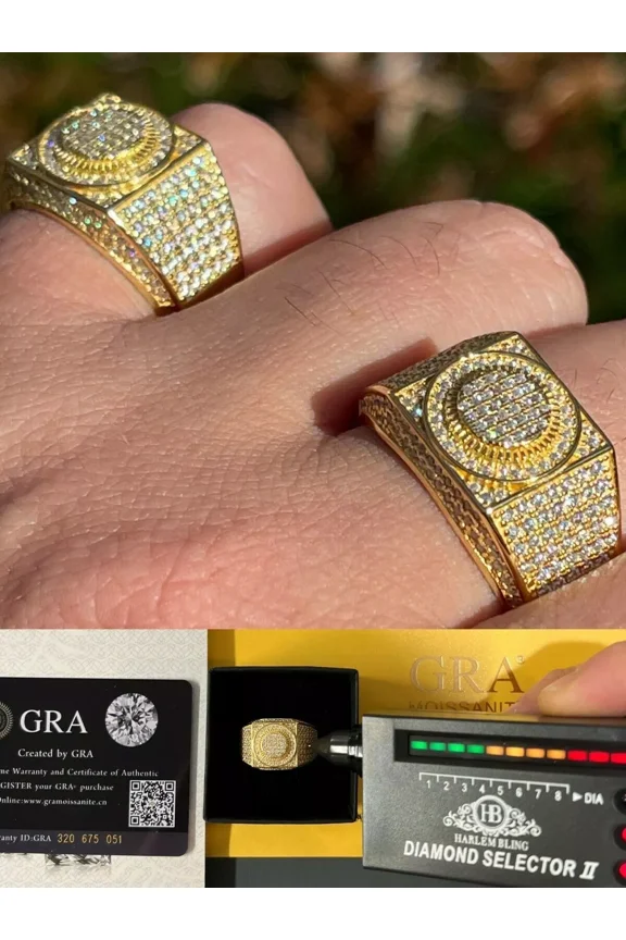 "Real 14K Gold Plated Men's Hip Hop Iced Moissanite Ring - Passes Diamond Tester"