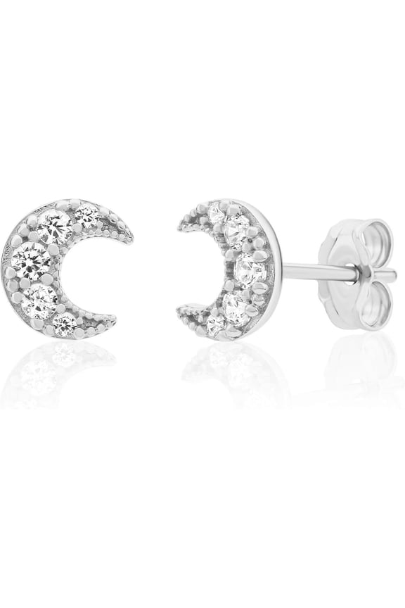 Real 14K White Gold Small Mini Cresent Moon Stud Earrings With Cubic Zirconia Stones