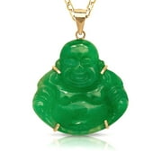 JEWELRYWEB Real 14k Solid Yellow Gold 16 Inch Natural Dyed Jade Or Onyx Carved Smiling Buddha Necklace (24mm X 30mm) (green-Dyed Pe