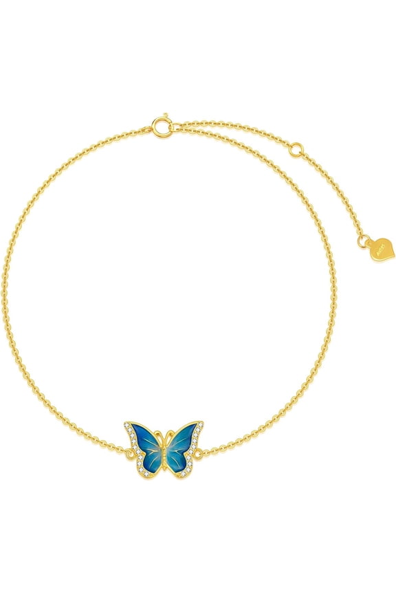 Real 14k Gold Blue Butterfly Anklet for Women, Solid 14 Karat Gold Animal Lover Ankle Bracelet Jewelry Gifts for Her, 9.4"+0.8"+0.8"