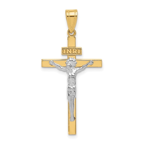 Real 14k Gold Crucifix Cross Pendant Necklace for Men and Women Two Tone High Polish Latin INRI Christian Religious Jewelry Spiritual Faith Symbol Devotion Accessory