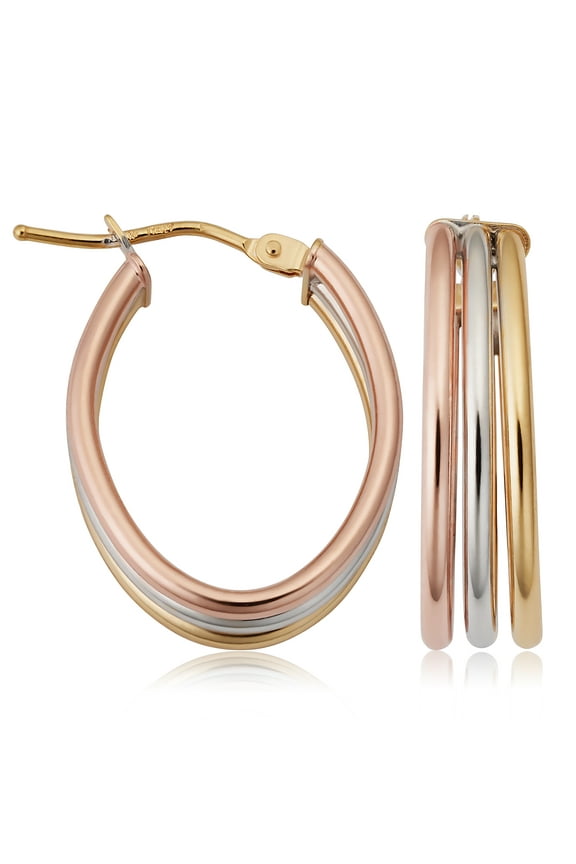 Au Naturale Real 14k Tricolor Gold Triple Oval Hoop Earrings for Women - Made In Italy (0.9 inch height)