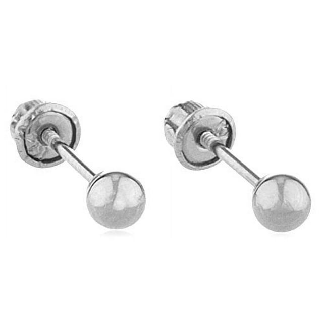Real 14k White Gold Screw Back Ball Earring Studs (3 Millimeters