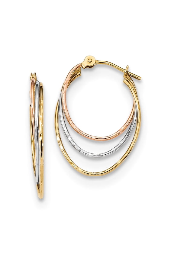 Real 14kt Tri-Color Diamond-cut Graduated 3 Ring Hoops; for Adults and Teens; for Women and Men
