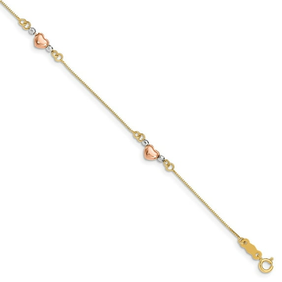 Real 14kt Tri-Color Puffed Heart Chain Bracelet; 7.25 inch; for Adults and Teens; for Women and Men