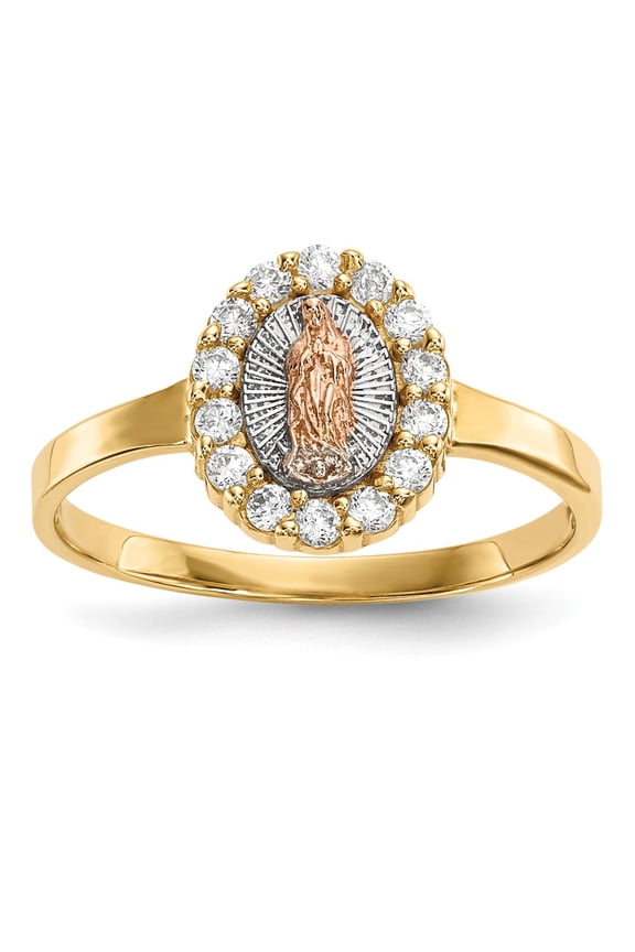 Real 14kt Two-tone With White Rhodium CZ Lady of Guadalupe Ring Size: 7; for Adults and Teens; for Women and Men
