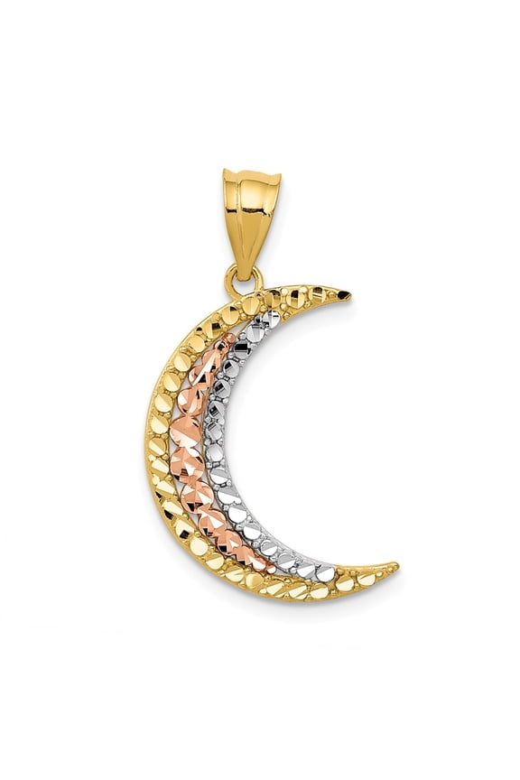 Real 14kt Two-tone With White Rhodium Diamond-cut Moon Pendant; for Adults and Teens; for Women and Men