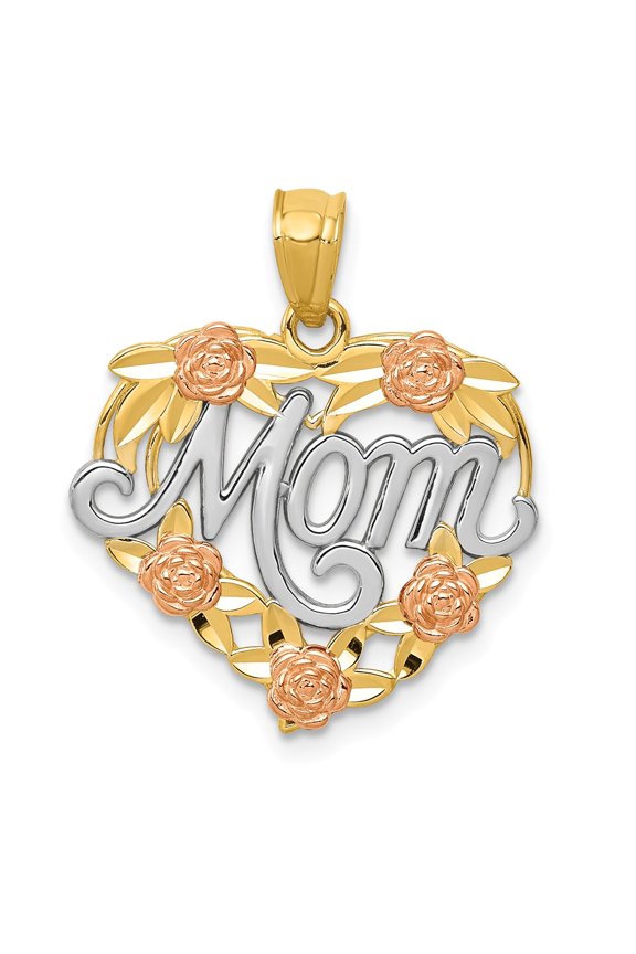 Real 14kt Two-tone With White Rhodium MOM Heart Pendant; for Adults and Teens; for Women and Men