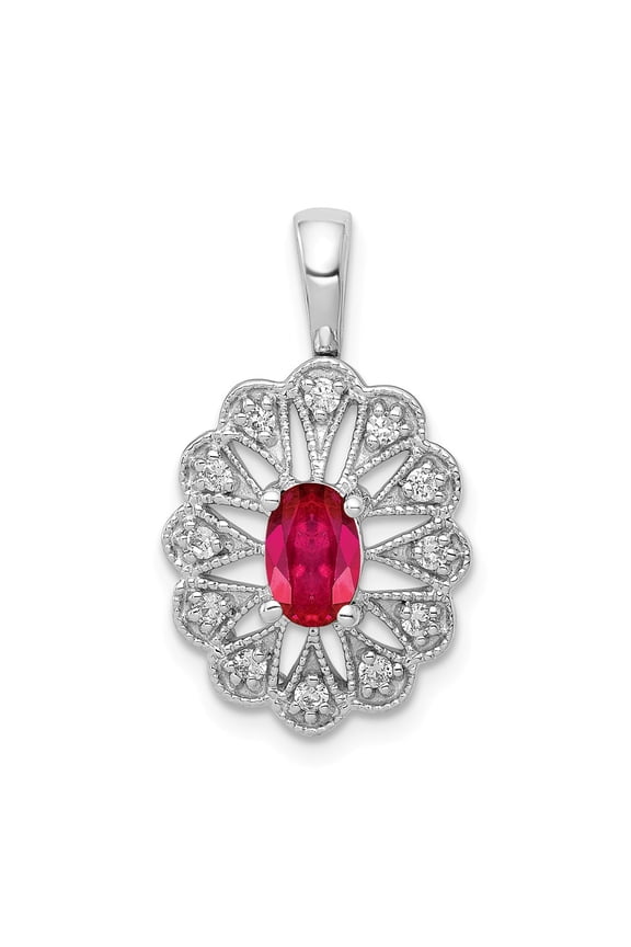 Real 14kt White Gold 1/6ct. Diamond and .70 Ruby Fancy Pendant; for Adults and Teens; for Women and Men