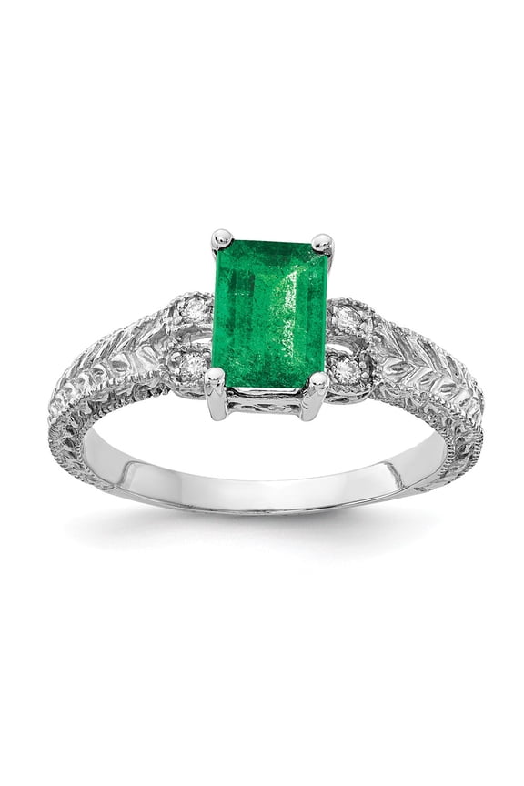 Real 14kt White Gold 7x5mm Emerald Cut Emerald AA Diamond ring S:6