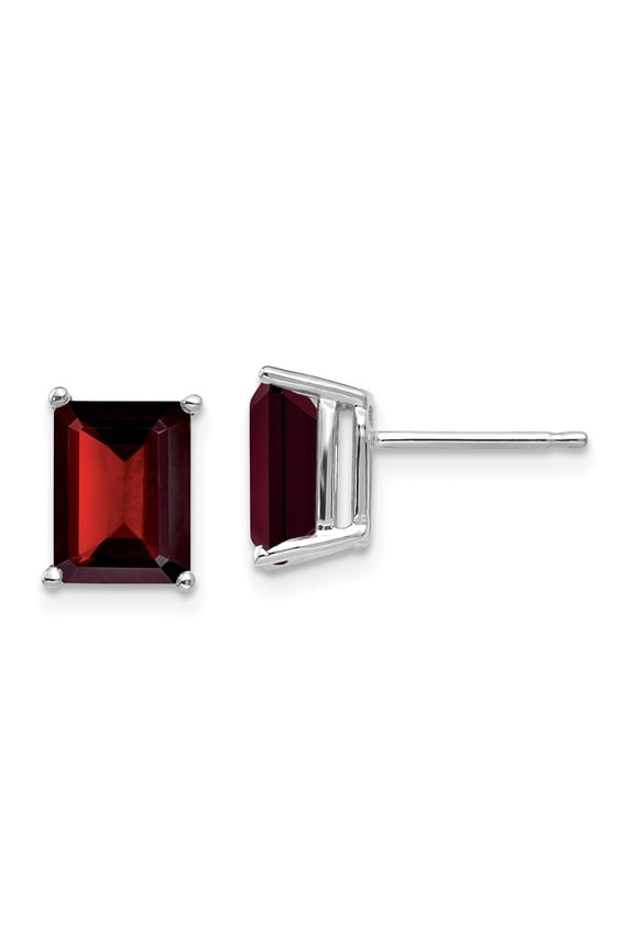 Real 14kt White Gold 8x6mm Emerald Cut Garnet earRing; for Adults and Teens; for Women and Men