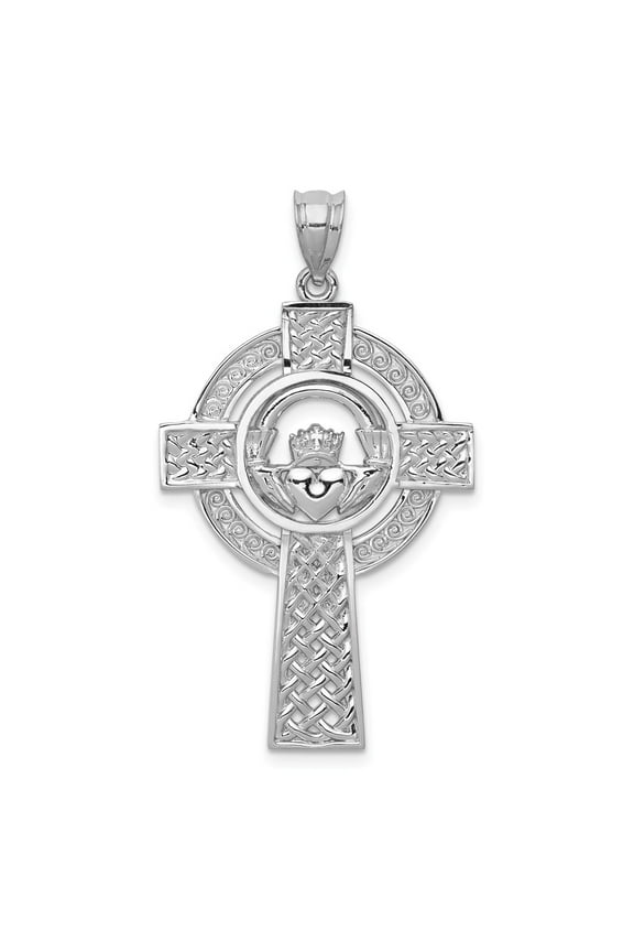 Real 14kt White Gold Celtic Claddagh Cross Pendant; for Adults and Teens; for Women and Men