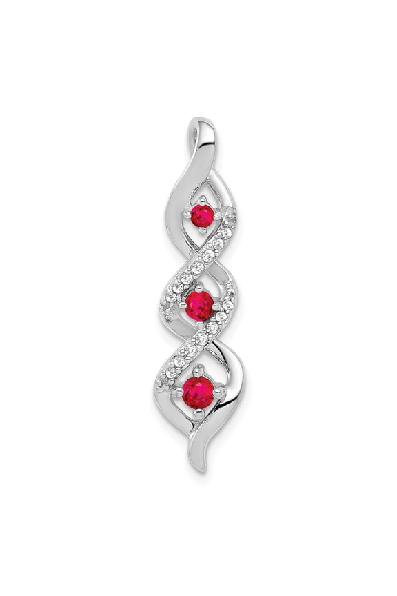 Real 14kt White Gold Diamond and .25 Ruby Twisted 3-stone Chain Slide; for Adults and Teens; for Women and Men