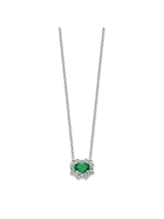 Real 14kt White Gold Diamond and Oval Emerald 18 inch Necklace; 18 inch; Lobster Clasp; for Adults and Teens; for Women and Men