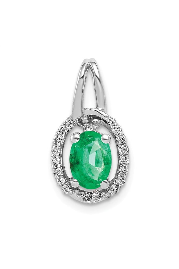 Real 14kt White Gold Diamond and Oval Emerald Pendant; for Adults and Teens; for Women and Men