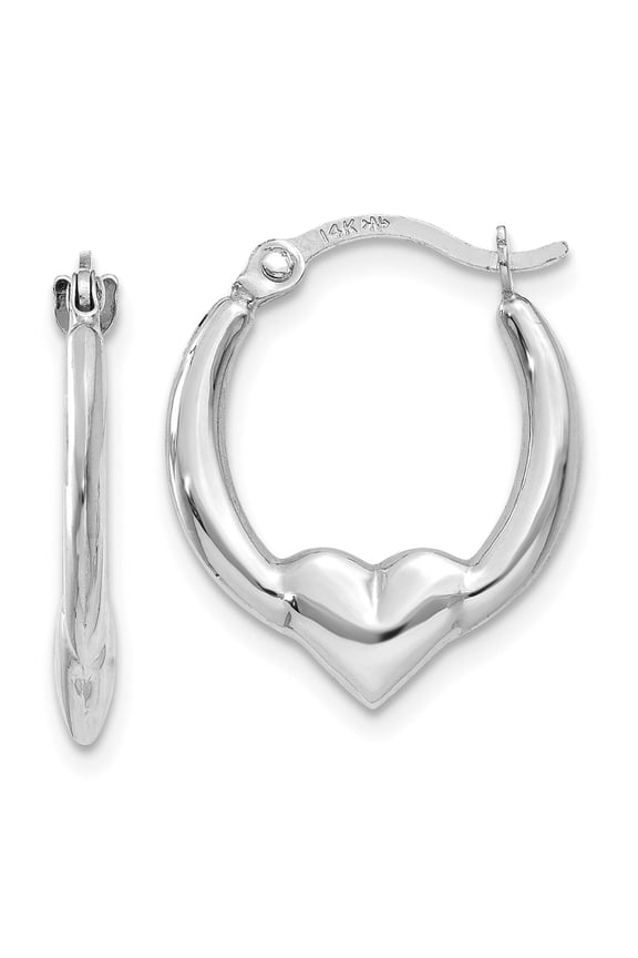 Real 14kt White Gold Heart Hoop Earrings; for Adults and Teens; for Women and Men