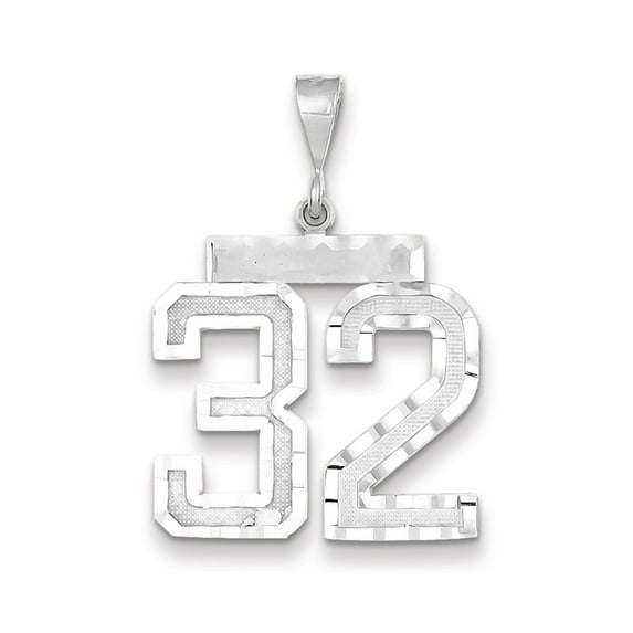Real 14kt White Gold Large Diamond-cut Number 32 Charm Pendant; for Adults and Teens