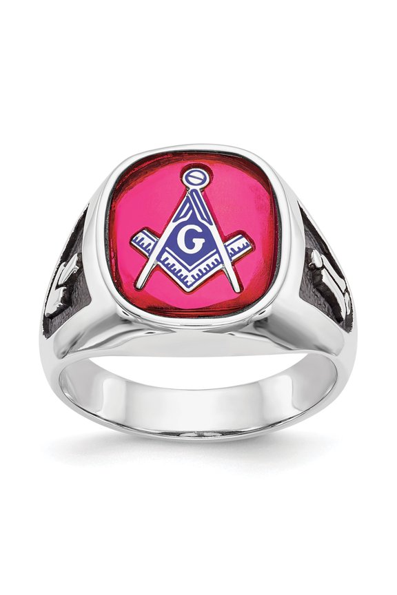 Real 14kt White Gold Men's Synthetic Ruby Masonic Ring Size: 10; for Adults and Teens; for Women and Men