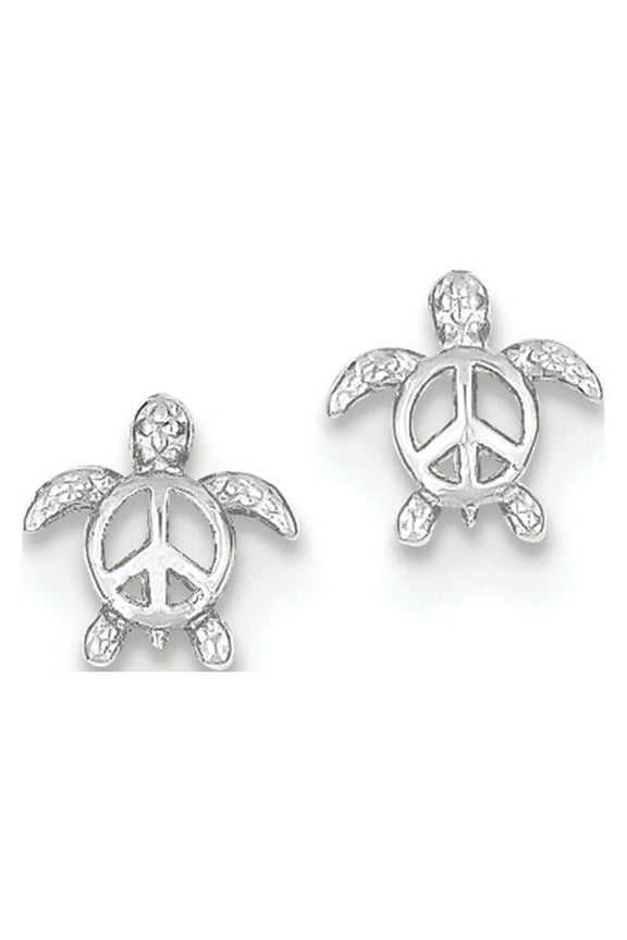 Real 14kt White Gold Peace Turtle Post Earrings; for Adults and Teens; for Women and Men