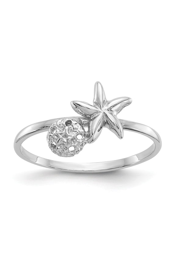 Real 14kt White Gold Polished Starfish & Sand Dollar Ring Size: 7; for Adults and Teens; for Women and Men