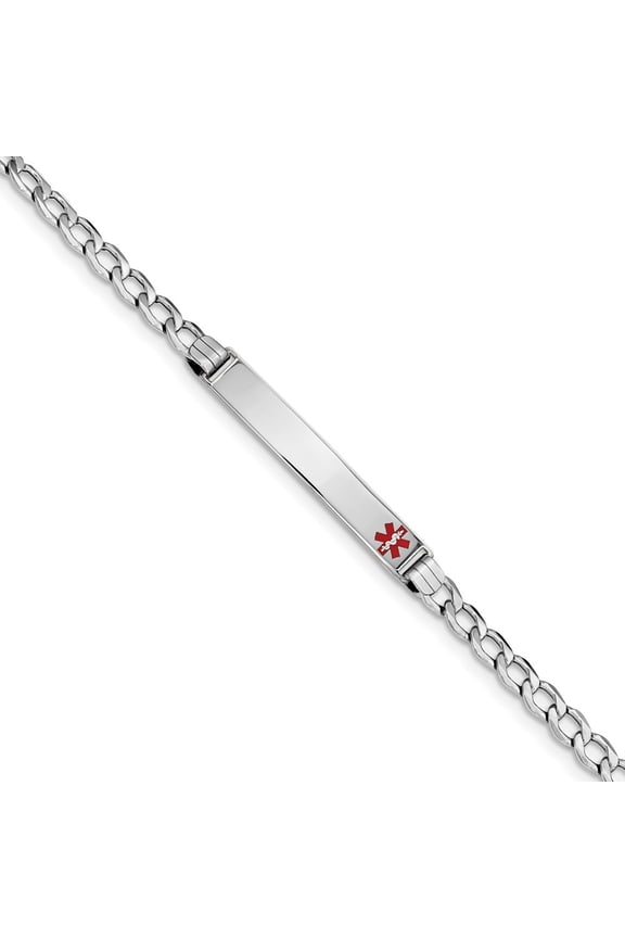 Real 14kt White Gold Semi-Solid Medical Polished Red Enamel Curb ID Chain Bracelet; for Adults and Teens; for Women and Men