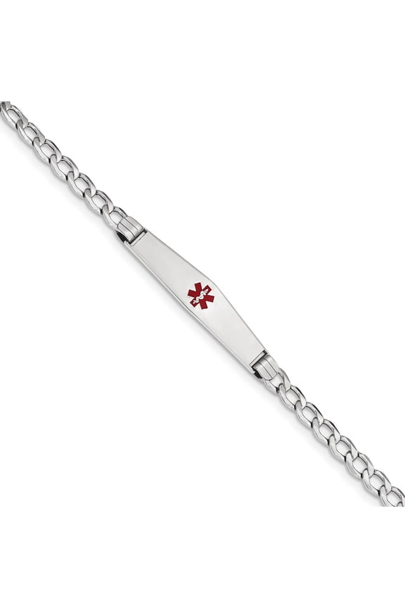 Real 14kt White Gold Semi-Solid Medical Soft Diamond Shape Red Enamel Curb ID Chain Bracelet; for Adults and Teens; for Women and Men