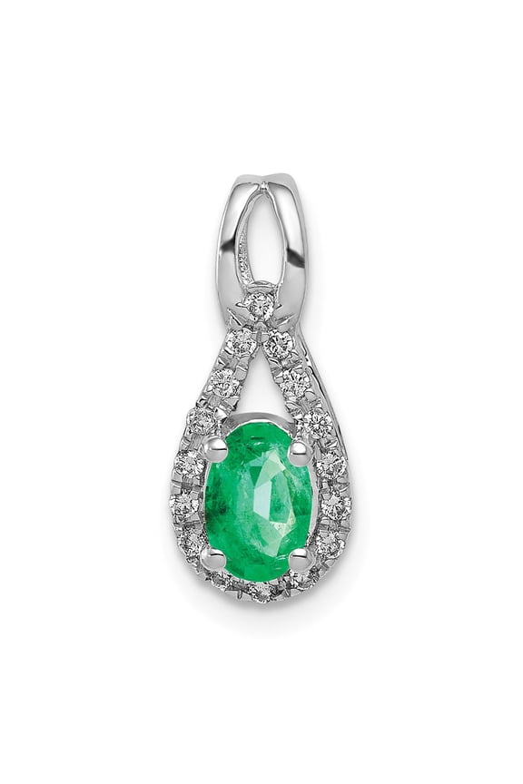 Real 14kt White Gold Teardrop Diamond and Oval Emerald Pendant; for Adults and Teens; for Women and Men