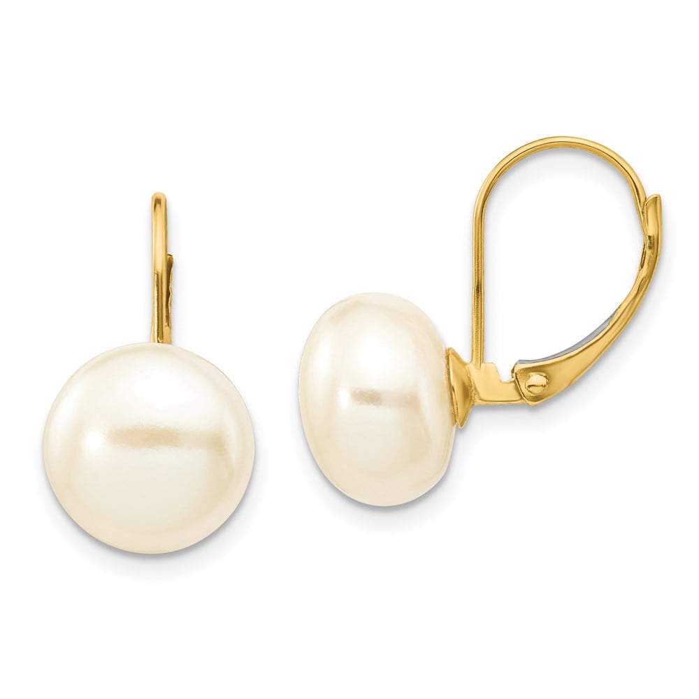 DISCOUNT JEWELERS Real 14kt Yellow Gold 10-11mm White Button Freshwater Cultured Pearl Leverback Earrings; for Adults and Teens; for Women and Men