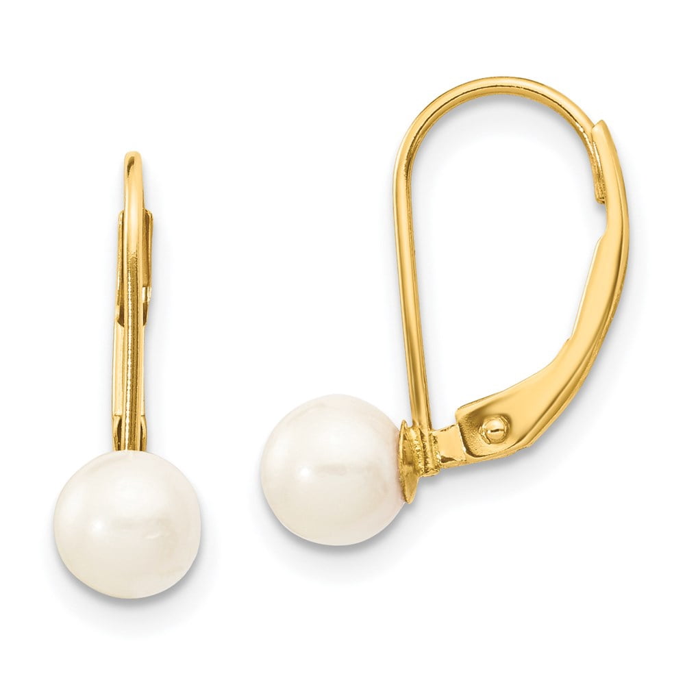Real 14kt Yellow Gold 5-6mm White Round Saltwater Akoya Cultured Pearl Leverback Earrings; for Adults and Teens; for Women and Men