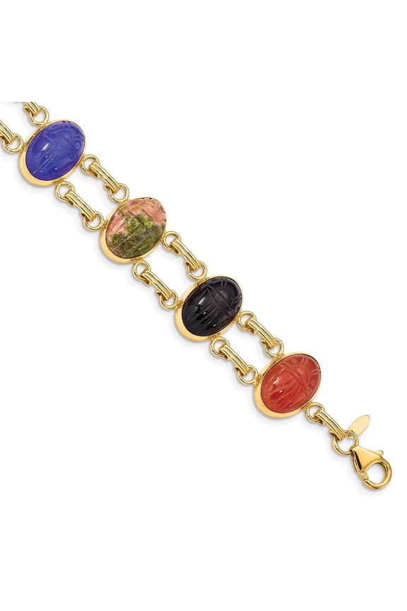 Real 14kt Yellow Gold 7 Stone Scarab 7in Chain Bracelet; 7 inch; Lobster Clasp; for Adults and Teens