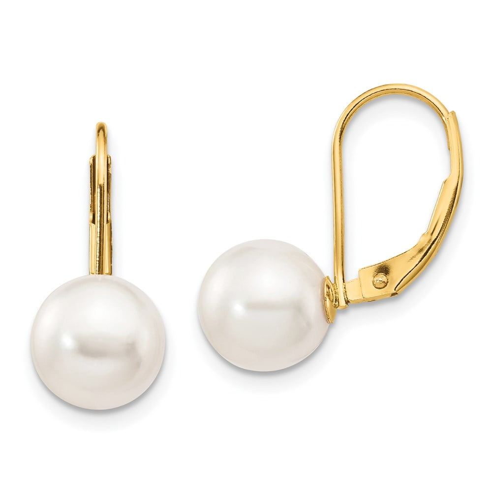 SKY JEWELERS Real 14kt Yellow Gold 8-9mm White Round Saltwater Akoya Cultured Pearl Leverback Earrings; for Adults and Teens; for Women and Men