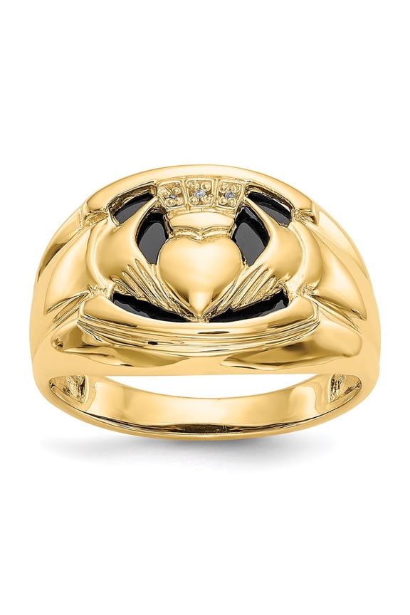 Real 14kt Yellow Gold AA Diamond and Onyx Mens Claddagh Ring Size: 10; for Adults and Teens; for Women and Men