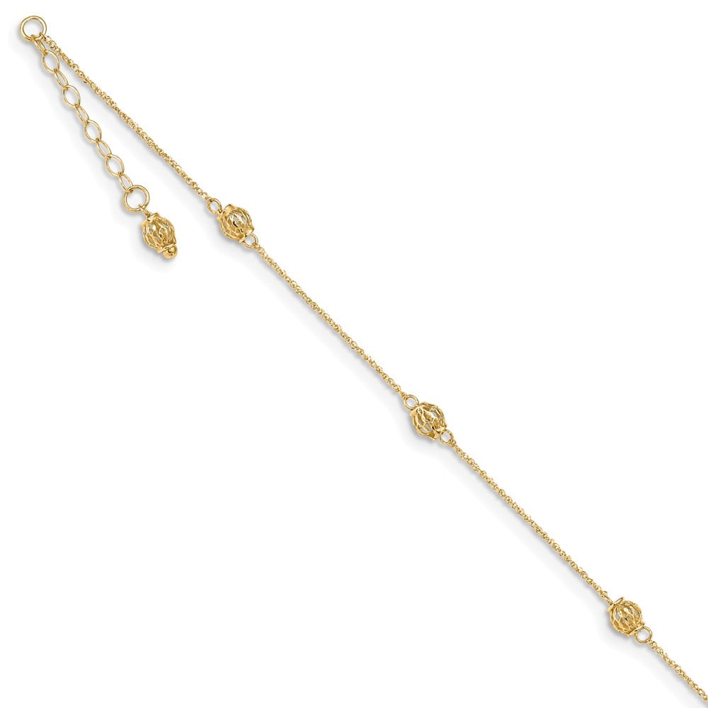 Real 14kt Yellow Gold Bead 9in Plus 1in ext. Anklet; 9 inch; for Adults and Teens; for Women and Men