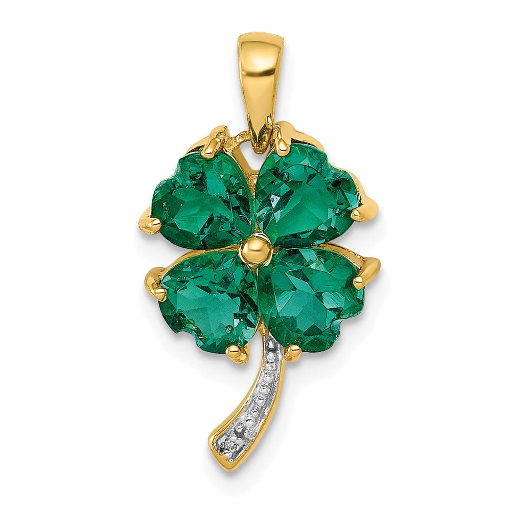 Real 14kt Yellow Gold Created Emerald and Diamond Four Leaf Clover Pendant for Adults and Teens for Women and Men