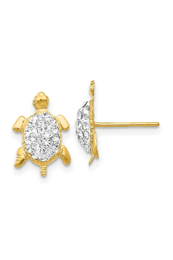 Real 14kt Yellow Gold Crystal White Turtle Post Earrings; for Adults and Teens; for Women and Men