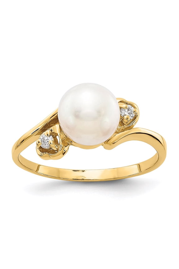 Real 14kt Yellow Gold Diamond & 7mm Pearl Ring Mounting Size: 6; for Adults and Teens; for Women and Men
