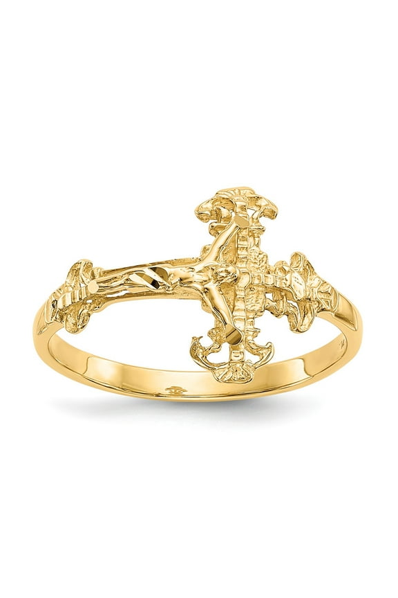 Real 14kt Yellow Gold Diamond Cut Crucifix Ring Size: 6; for Adults and Teens; for Women and Men
