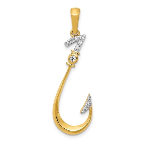 Real 14kt Yellow Gold Diamond Fish Hook Pendant; for Adults and Teens; for Women and Men