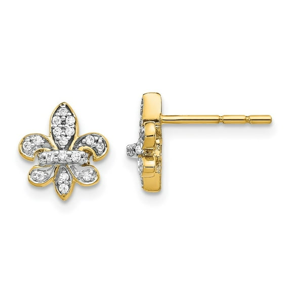 Real 14kt Yellow Gold Diamond Fleur de Lis Post Earrings; for Adults and Teens; for Women and Men