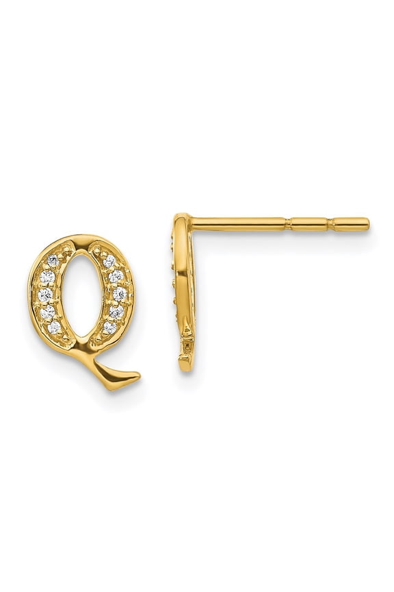 Real 14kt Yellow Gold Diamond Initial Q Earrings; for Adults and Teens; for Women and Men
